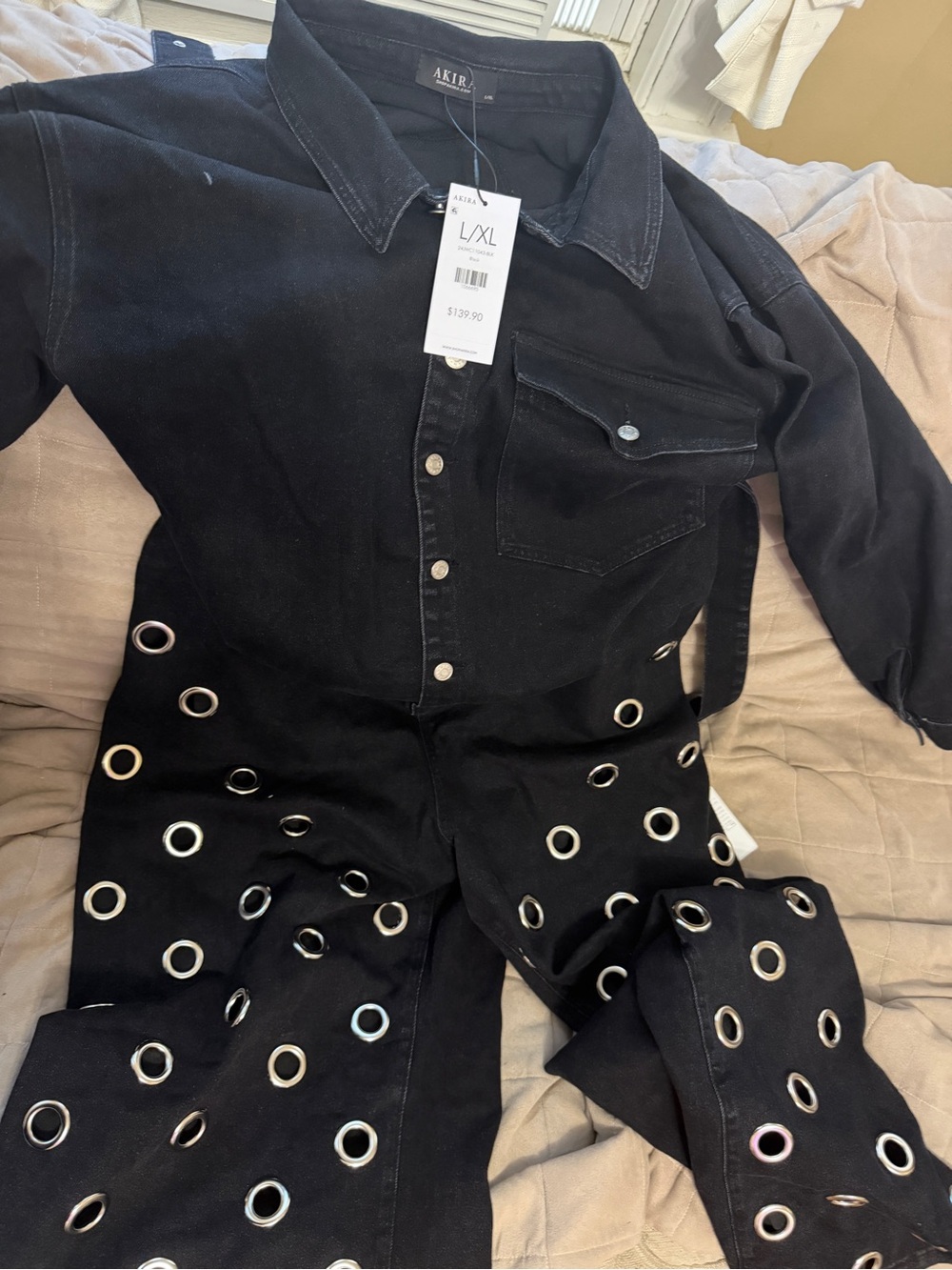 AKIRA PLAY YOUR CARDS RIGHT DENIM JUMPSUIT WITH GROMMETS Size L/XLL/XL